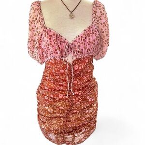 Free People Tessa Floral Daisy Pink and brown Ruched Dress Size XS